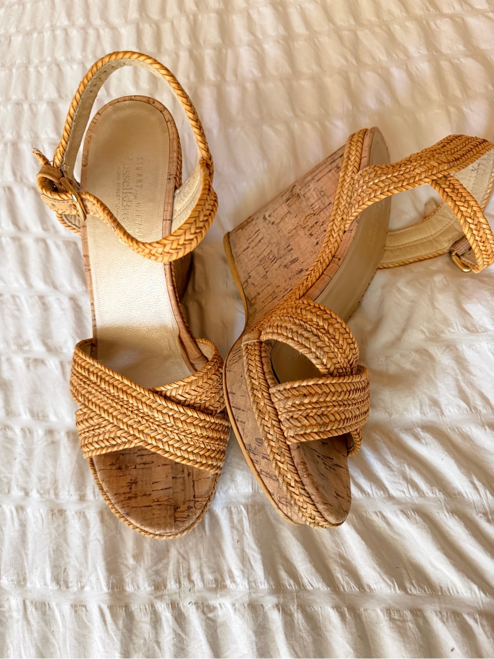 Stuart Weitzman Braided Tan Cork Wedge Sandals - Picture 2 of 3